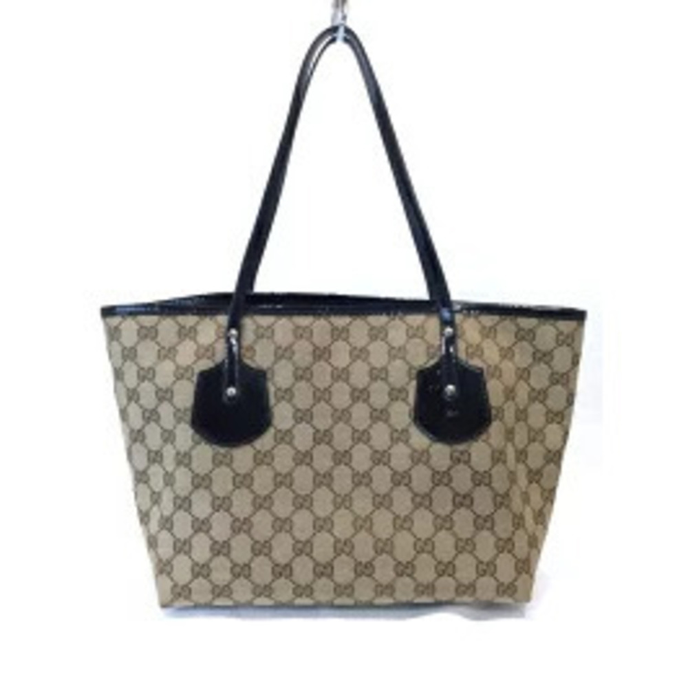 Gucci Bag Enamel Tote Beige Canvas Handbag Leather GG Charm
